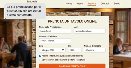 Prenotazione tavolo diretta Web Restaurant - form data, ora e coperti con conferma SMS